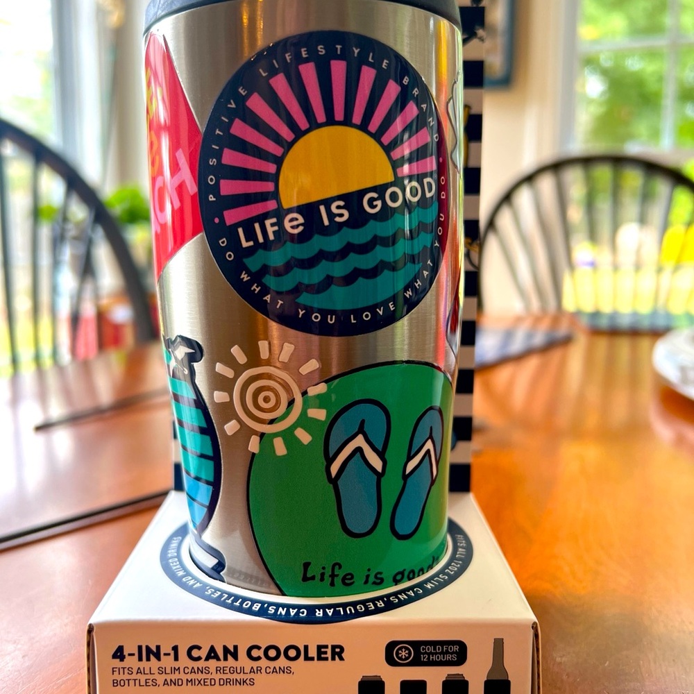 Life Is Good can cooler.  Holds regular can, slim can, bottle, or use as a cup